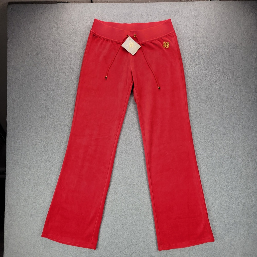 Southpole Velour Track Pants Womens Large Red Y2K Wide Leg Drawstring NWT